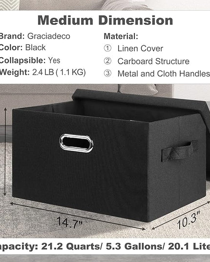 Medium 15" 21 Quart Collapsible Stackable Storage Bins with Lids, 3 Packs Black Foldable Fabric Closet Boxes Heavy-duty Lidded Linen Cube Basket Container Organizer and Storage for Bedroom
