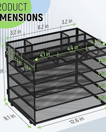 Docnest 5 Tier Mesh Desk Organizer- Letter Tray with Adjustable Compartments, Mesh Desktop Storage Built in Pen Holder and Handles, Desk Organizer Tray for Mail Documents Office Supplies-Black