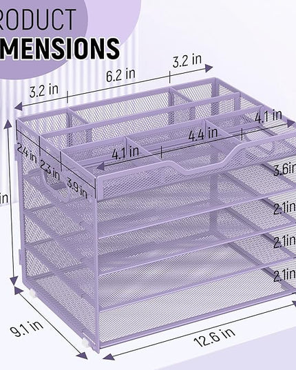 Docnest 5 Tier Mesh Desk Organizer- Letter Tray with Adjustable Compartments, Mesh Desktop Storage Built in Pen Holder and Handles, Desk Organizer Tray for Mail Documents Office Supplies–Purple