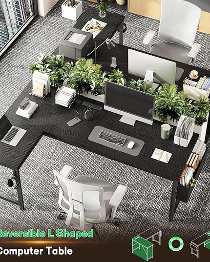 63 Inch Gaming Desk with Power Outlets & Storage Bag and LED Lights, L Shaped Desk with 0.95 Inch Thicker Desktop, Reversible Computer Desk for Home Office, Study Room, Living,Bedroom, Black