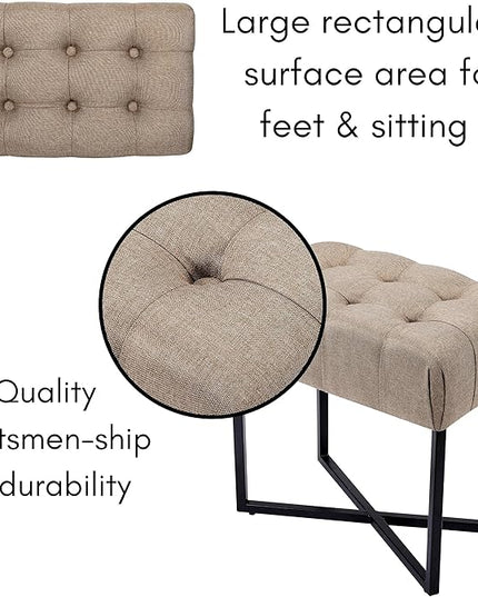 BIRDROCK HOME Rectangular Tufted Foot Stool Ottoman with Soft Padded Cushion - Versatile Vanity Chair for Bedroom, Living Room, Bathroom - Compact Seating for Adults - Beige with Black Metal Legs
