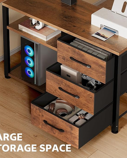 47 Inch L Shaped Standing Desk with 3 Drawers Electric Standing Desk with Storage Computer Desk Adjustable Height with Power Outlets 4 Memory Presets for Home Office, Rustic Brown
