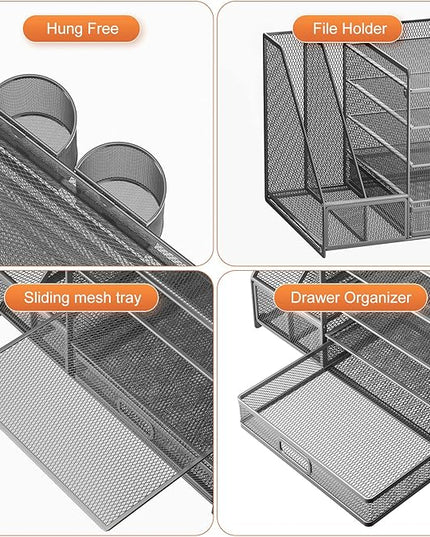 Marbrasse 5-Tier Paper Letter Tray Organizer with Drawer and Pen Holder, Mesh Desktop Organizer and Storage with Magazine Holder for Office Supplies (Grey)