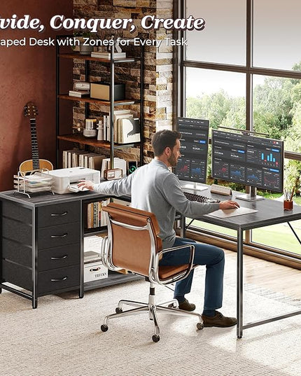 PRAISUN 53" L Shaped Desk with Power Outlets and USB-C Port, Reversible Computer Corner Office Desk with 4 Fabric Drawers and 2 Height-Adjustable Shelves, Large for Gaming Writing Work Study, Grey