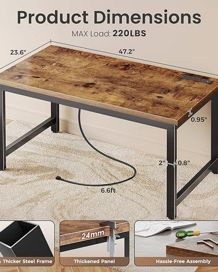 Huuger 48 x 24 inch Desk with Power Outlets & USB-C, Deeper & Thicker Desktop, Robust Metal Tubes, Computer Desk, Heavy Duty Office Desk, Work Gaming Desk for Home Office, Rustic Brown