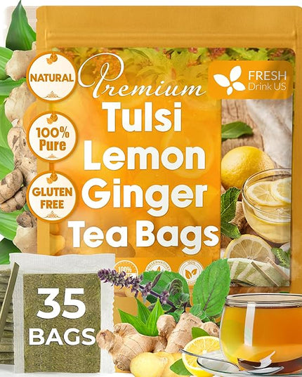 FreshDrinkUS, Premium 35 Tulsi Lemon Ginger Tea Bags, 100% Natural & Pure from Tulsi Holy Basil Leaves, Lemon and Ginger. Made with Natural Material Tea Bags. No Sugar, No Caffeine, Vegan.