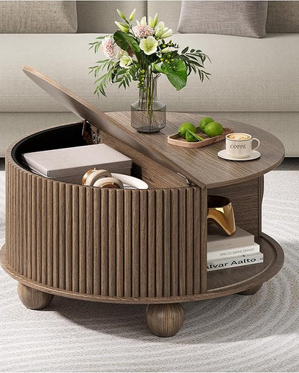 JOINICE Round Coffee Table with Storage, 31.5" Walnut Fluted Drum Center Table, Mid Century Modern Wood Circle Table with Sliding Door & Bun Feet for Living Room
