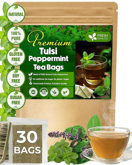FreshDrinkUS, Premium Tulsi Peppermint Herbal – 30 Tea Bags, 100% Natural, Blend of Tulsi Holy Basil Leaves, and Peppermint Leaves. Made with Natural Material Tea Bags. No Sugar, Vegan.