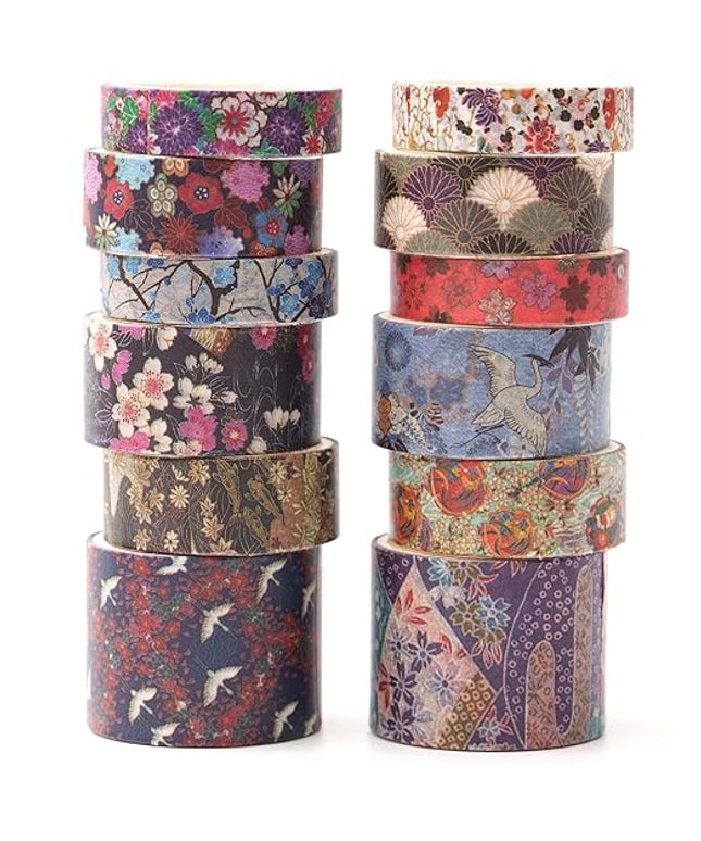 Songdao 12 Rolls Kyoto Charm Washi Tape Set Japanese Arts Adhesive Tapes Geometric Garden Decorative Masking Tape Sets for Craft, Kids, Scrapbook, DIY, Gift Wrapping (Purple Sakura)