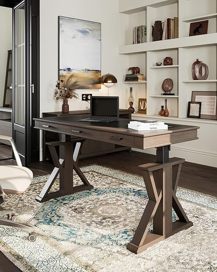 EUREKA ERGONOMIC Leather Standing Desk, 60 inch Executive Desk with Drawers,Modern Oak Grain X-Shaped Leg Sit Stand Desk, Charge Power Outlet Luxury Home Office Computer Desk