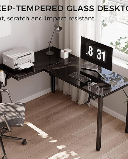 EUREKA ERGONOMIC RGB LED Lights 60 Inch L Shaped Reversible Black Glass Gaming Desk Home Office Computer Table GTG L60