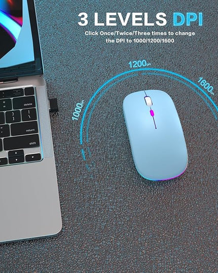 Wireless Bluetooth Mouse Rechargeable Laptop Mice with LED Use Portable(BT5.2 and USB 2.4G) Dual Mode Connection Silent Slim Computer Mouse for Laptop/iPad Tablet/Apple MacBook/PC(Blue)