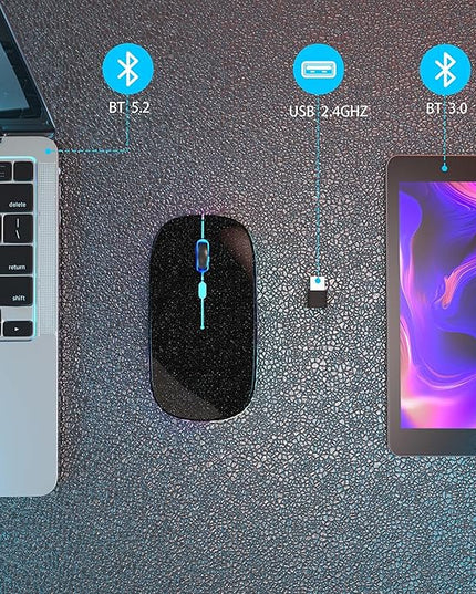Wireless Bluetooth Mouse Rechargeable Laptop Mice with LED Use Portable(BT5.2 and USB 2.4G) Dual Mode Connection Silent Slim Computer Mouse for Laptop/iPad Tablet/Apple MacBook/PC(Black Pearl)
