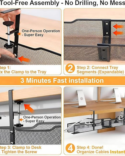 No Drill Under Desk Cable Management Tray, Extended-Length Metal Mesh Wire Organizer with Heavy Duty Clamp Mount for Home Office Standing Desk - Damage Free Cord Organization Solution