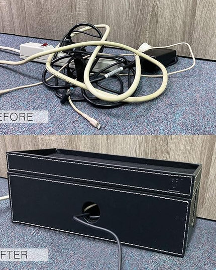 NEET Cable Management Box Large, Computer Cord Organizer, Hide and Conceal, Power Cable Organizer, Computers and Desks, Black Stitched Leather