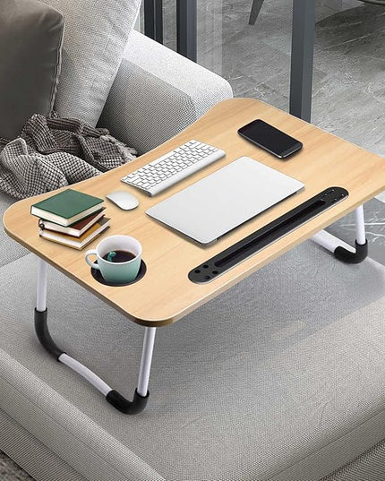 Slendor Lap Desk with Cup Holder, Foldable Laptop Table for Bed, Portable Bed Desk for Laptop and Writing, Computer Tray with Tablet Slot, Notebook Stand Reading Holder for Couch Sofa Floor,Walnut