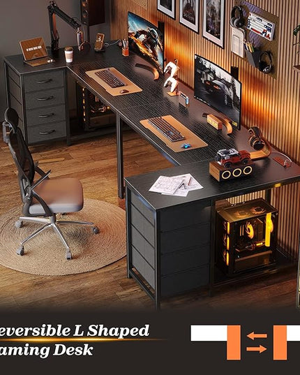 PRAISUN 43.3" Small Computer Desk with Power Outlets and USB-C Port, Reversible L Shaped Corner Office Desk with 4 Fabric Drawers and 2 Height-Adjustable Shelves, for Gaming Writing, Black