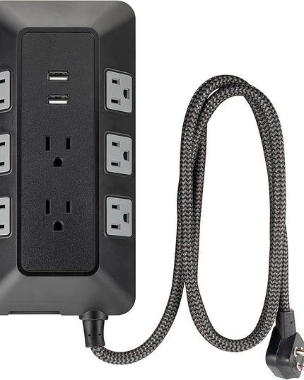 GE UltraPro Adapt 8-Outlet Surge Protector with USB Ports, 2 USB-A Ports, 2.4A, 3ft Braided Cord Power Strip Surge Protector, 1780 Joules, Black, 73776