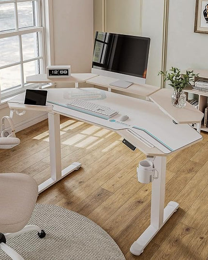 EUREKA ERGONOMIC Standing Desk with Keyboard Tray, Large Music Studio Gaming Desk, Wing Shaped Sit Stand Table 72'', LED Convertible Shelves, Dual Motor&Slot, Maple