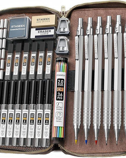 30PCS Silver Metal Mechanical Pencil Set in Leather Case, 0.5/0.7/0.9/2.0mm Art Drafting Pencils with 16 Tubes Graphite Leads (6B 4B 2B HB 2H 4H) & Colored Refills for Sketching, Drawing, Writing