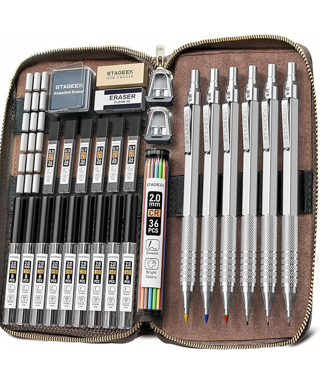 30PCS Silver Metal Mechanical Pencil Set in Leather Case, 0.5/0.7/0.9/2.0mm Art Drafting Pencils with 16 Tubes Graphite Leads (6B 4B 2B HB 2H 4H) & Colored Refills for Sketching, Drawing, Writing
