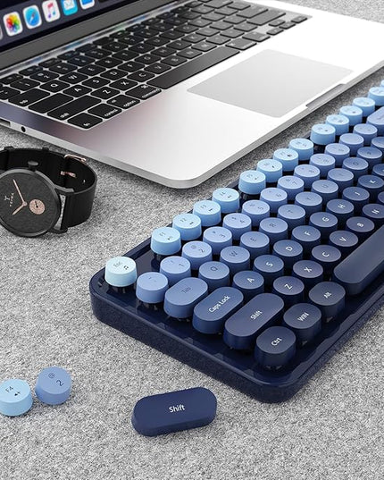 Wireless Keyboard and Mouse Combo, Ergonomic Full Size Typewriter Retro Round Keycaps Keyboard, Compatible with Windows, PC, Perfer for Home and Office Keyboards (Twilight Blue