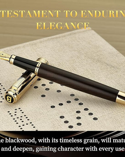 BEILUNER 316 Fountain Pen,Stunning Luxury Blackwood,24K Gilded Nib(Fine),Gorgeous 24K Gold Finish, Ink Converter,Fancy Gift for Men&Women-Elegant,Executive,Graduation Pens for Writing, BK-F