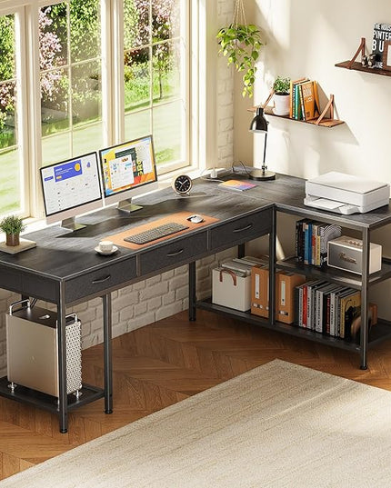 PRAISUN 63 Inch L Shaped Office Desk with Power Outlets and Type-C Port, Large Computer Gaming Desk with 3 Fabric Drawers, Mesh Shelves, Corner Study Work Writing Desk, Grey