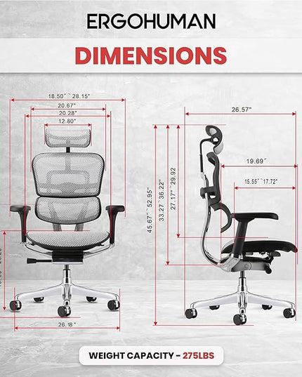 Ergohuman Eurotech ME7ERG GEN2 High Back Mesh Office Chair with Tilt Tension Control, Tilt Lock, Back Angle, Back Height, Synchro Tilt, Seat Height, Seat Depth, and Arm Height Adjustments, Grey