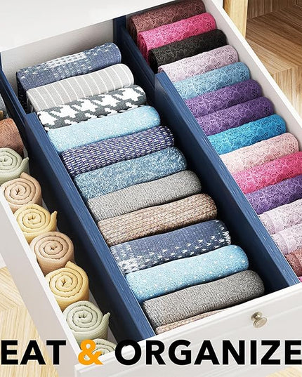 SpaceAid Bamboo 4 Pack Dresser Drawer Dividers, 4.65“ High Adjustable 17“-22” Drawer Organizers, Expandable Organization for Clothing, Clothes, Dressers, Navy Blue