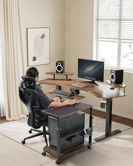 EUREKA ERGONOMIC PC Stand Computer Cart, Height Adjustable Tower Stand 2-Tier Suit for ATX Case Printer, Metal Rolling Cart on Wheels for Gaming Home Office, Walnut