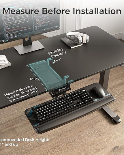 EUREKA ERGONOMIC Keyboard Tray Height Adjustable, Swivel Tilt Computer Keyboard Drawer Under Desk, 25x9.13'' Sliding Keyboard & Mouse Platform with Mouse Pad for Typing, Black