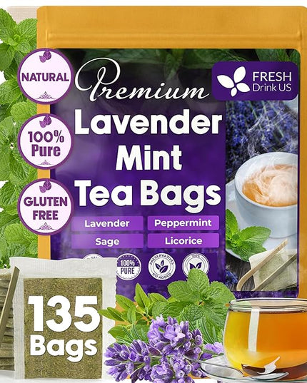 FreshDrinkUS, Premium 135 Tea Bags Lavender Mint Tea, 100% Natural, Blend of Lavender, Peppermint, Sage and Licorice. Made with Natural Material Tea Bags. No Sugar, No Caffeine, Vegan.