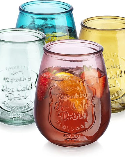 Glaver's Stemless Wine Glasses Set of 4 – 21oz Assorted Colored Wine Tumblers– Unique Embossed Logo, Vintage Cute Wine Glasses for, Beer, Juice, Cocktails, Fresh Drinks, Beverages, and more.