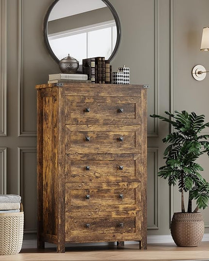 BORNOON Tall 5-Drawer Dresser, Modern Wooden Storage Chest of Drawers, Dresser TV Stand, Wood Drawer Organizer with Metal Handles for Bedroom, Living Room, Hallway