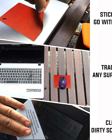 Mouse Pad Adhesive Bottom - Sticks to Any Surface - Portable - Webcam Covers and Screen Cleaner Included (Red)