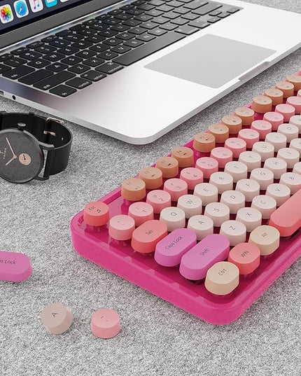 Wireless Keyboard and Mouse Combo, Ergonomic Full Size Typewriter Retro Round Keycaps Keyboard, Compatible with Windows, PC, Perfer for Home and Office Keyboards （Red）