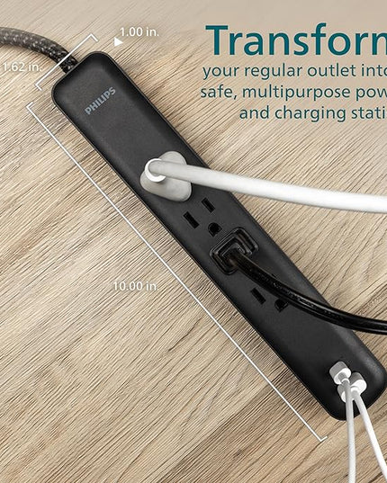 Philips 4-Outlet Surge Protector, 4ft Braided Cord, 1-USB-C, 1-USB-A, Extension Cord, Power Strip, for Home, School, or Office, 15W, 450J, Black, SPP3393B/37