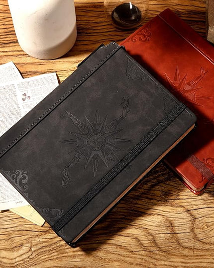 CAGIE Compass Leather Notebook Journal for Men, 100 GSM 288 Pages Lined Journals for Writing, A5 Hardcover Journaling Notebooks Gift Set with Pen for Travel Office Daily Writing