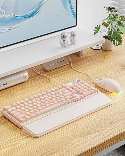 C98 Wired Keyboard and Mouse Combo, Wired Computer Keyboards with Wrist Palm, Double-Shot Keycaps, Silent RGB Backlight Keyboard for Windows/MAC/PC (Creamy Pink)