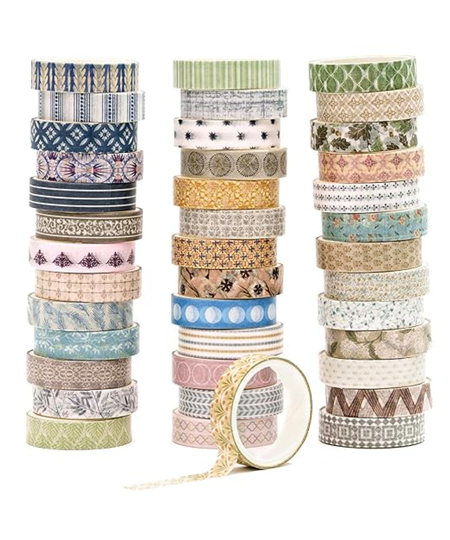 YUBBAEX 40 Rolls Basic Washi Tape Set Cute Printed Patterns Masking Skinny Creative Decorative Tapes for Arts, DIY Crafts, Journals, Planners, Scrapbook, Wrapping (Decorism 1)