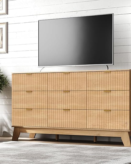 BORNOON Fluted 9 Drawer Dresser, 57.1" Wide Modern Boho Chest of Drawers, Wooden Storage Dresser TV Stand for Bedroom, Living Room, Closet, Hallway, Curved Profile Design