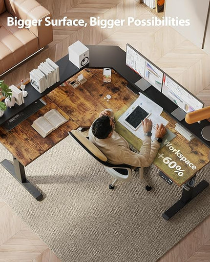 Agilestic L Shaped Standing Desk, Adjustable Height Corner Gaming Desk with Shelf, Sit Stand Up Desk, 63 x 55 Inch Home Office Computer Table, Rustic Brown