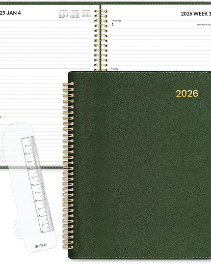 SUNEE 2026 Weekly & Monthly Planner 9"x11.2"- 12 Month (January 2026 - December 2026), Vegan Leather Cover, Pocket, Bookmark, Notes, Monthly Tab, Deep Green