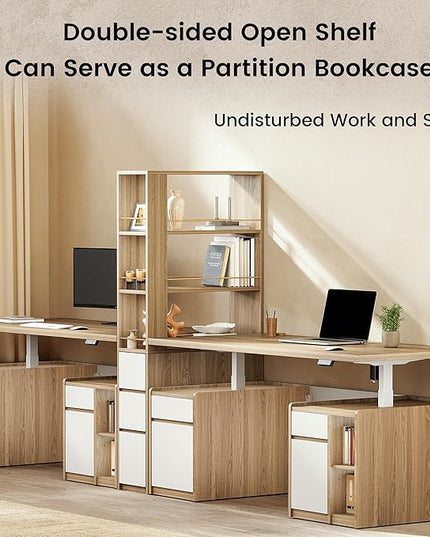 Bookcase with 3 Drawers and Storage Shelves, 71''Tall Corner Bookshelf with 3 Tier Open Double-Sided Design, Multi Functional Organizer, Wood Bookshelves for Home/Office, Light Walnut
