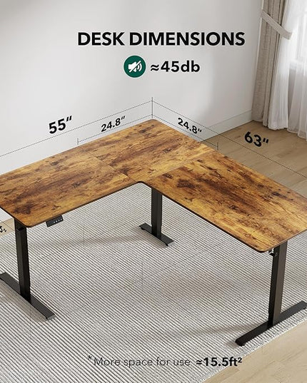 FEZIBO 63" x 55"L Shaped Standing Desk Adjustable Height, 63 Inch Electric Stand up Corner Computer Desk, Sit Stand Home Office Desk with Splice Board, Vintage-Brown