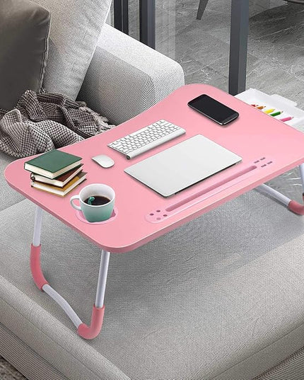 Slendor Lap Desk with Tablet Slot, Foldable Laptop Table with Storage Drawer for Bed，Portable Bed Desk for Laptop, Computer Tray with Cup Holder Notebook Stand Reading Holder for Couch Floor, Pink