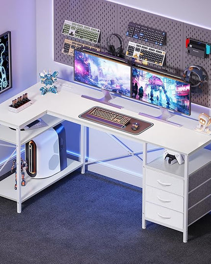 Huuger L Shaped Office Desk with Power Outlets, 55 Inch Computer Desk with 3 Drawers, Shelves, Reverisble for Gaming Corner Work Home Office Study, White