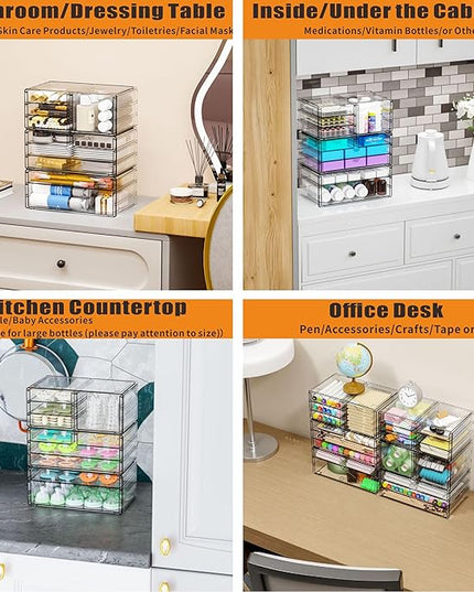Yieach 3Pack Clear Drawer Organizers Stackable,Acrylic Storage Drawers With 10 Drawers,Multipurpose Office Supply Organizer and Makeup Organizer for Beauty,Craft,Pen,Medical,Stationary Desk Organizers