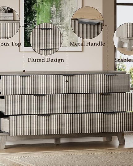 BORNOON 57" Long Dresser for Bedroom, 7-Drawer Fluted Chest, Wide Wood Storage Dresser with Metal Slides and Handles, Stable Base, Modern Clothes Organizer for Primary Suite, Guest Room, Nursery
